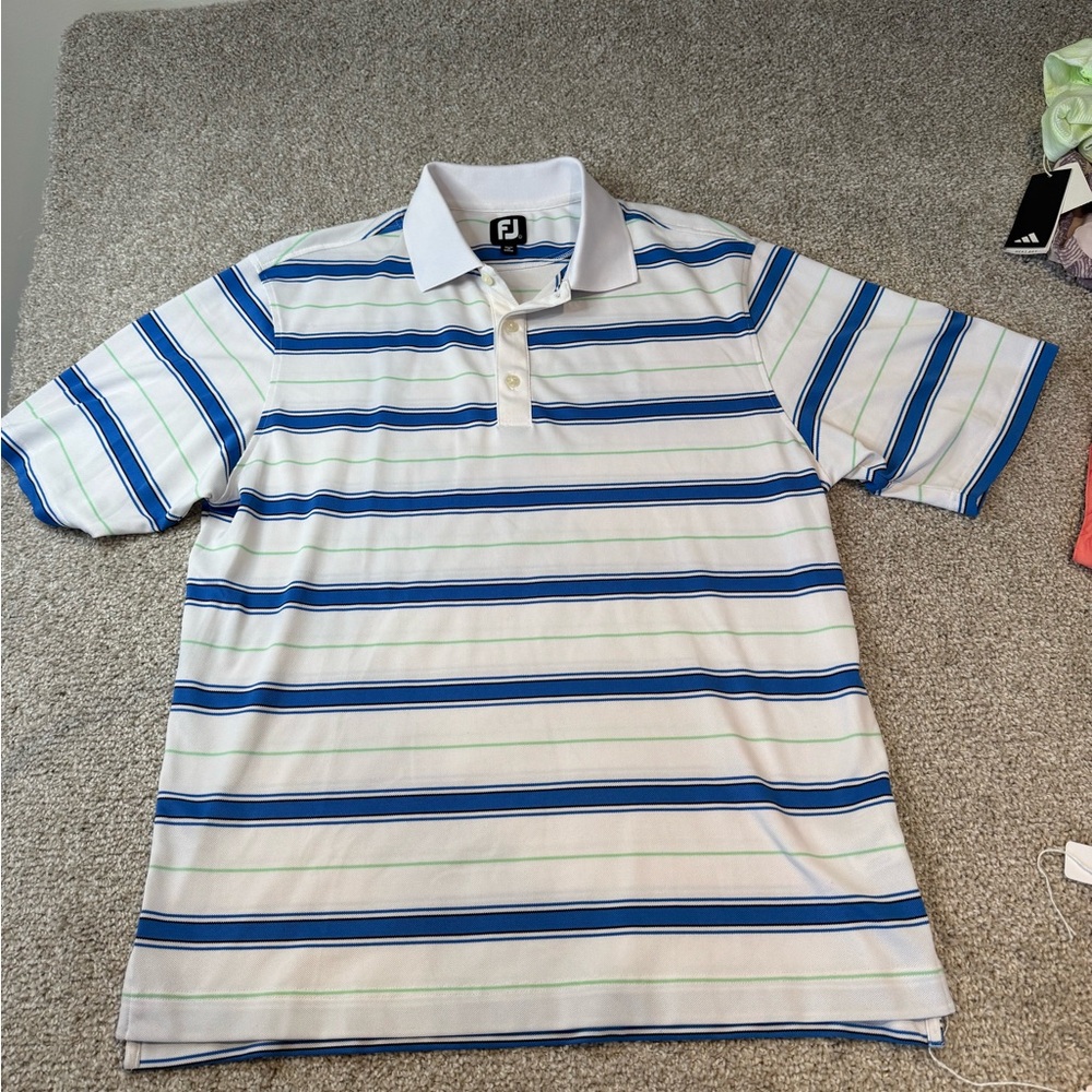 FootJoy Men's White and Blue Striped Polo